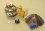 vintage small Asian perfume bottle, small compote with damaged lid, small cabinet pull knob, stained