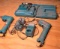 group of 9v Makita cordless drills with 3 chargers one battery one case