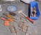 mixed assortment screwdrivers, small c clamps, grinder disc. Marking pencils