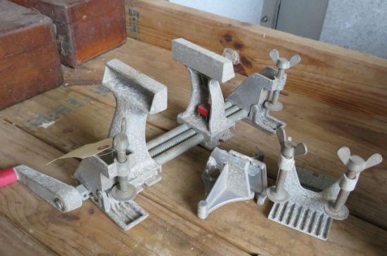 vintage cast aluminum table top bench vise with attachments