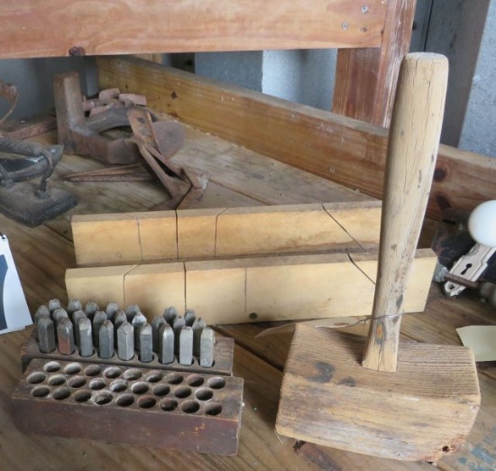 old wood  mallet, miter box, number punch set missing "x"