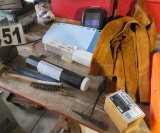welding accessories -leather welding jacket extra large, 2 boxes 1/8 rods, box soap stone, chipping