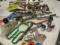 assorted fittings, inspection tools, brass connectors, nozzles, clams