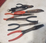 group of 7 specialty snips, side cutters, needle nose, and specialty pliers