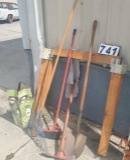 wood handle round point shovel, rake, pick axe, chemical sprayer, broom, sawhorse