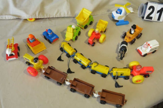 Fisher Price cars with little people - helicopter, dump truck, Amish wagon, ambulance, tractors, loa