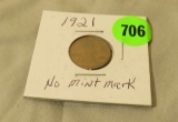 1921 wheat penny jacketed no mint mark