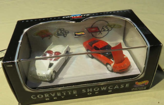 Hot Wheels Forty-fifth Anniversary Corvette Showcase 1953 & 1982 die cast metal cars in display case
