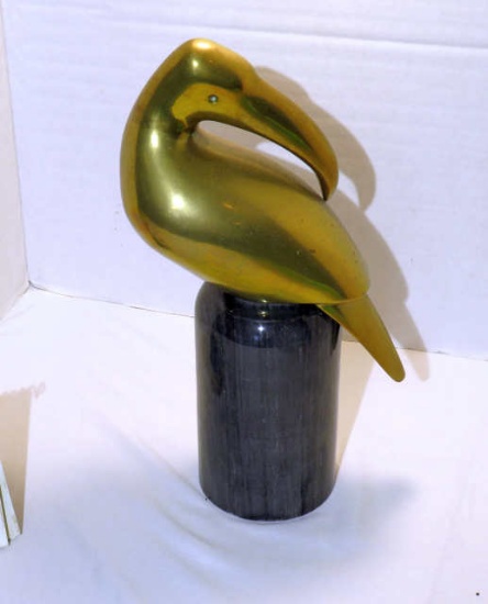 Polished brass bird on marble stand, 14"h