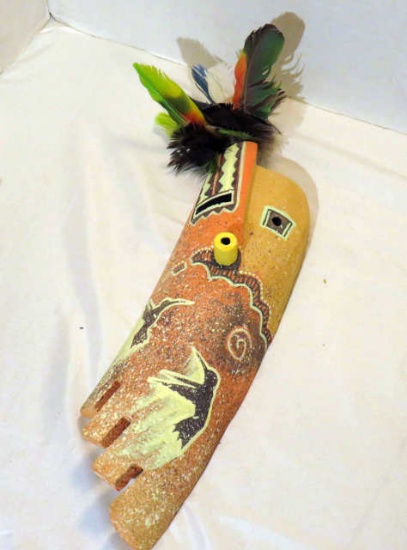 Native American, painted wood art piece, signed Peterson, 13"L