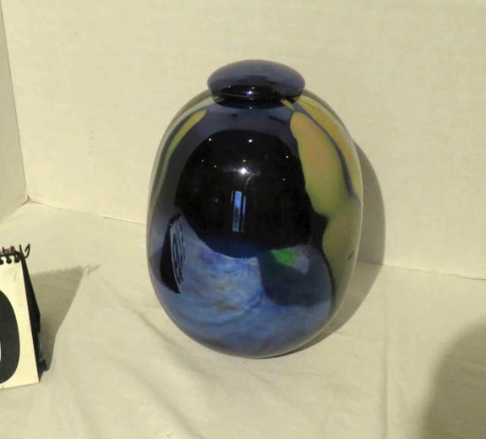 Lidded ceramic art glass bowl, signed Joan Reep, 7" dia x 9"h