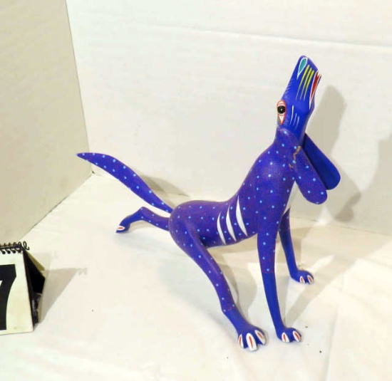enameled  carved wood dog by Catherine Carrillo, 12"hx 15"l