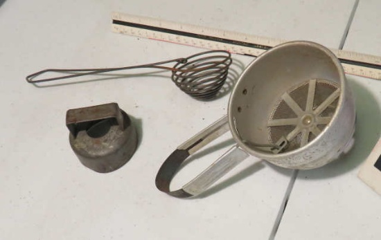 vintage egg holder, tin muffin cutter, flour sifter