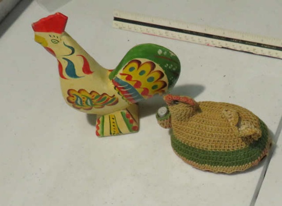 wood rooster figure, crouched hen pin cushion