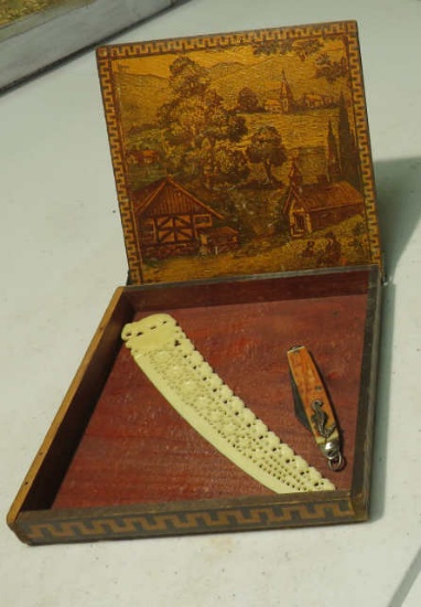 6" x 6" wood trinket box with plastic letter opener and small vintage pocket knife