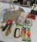 dust pan with padlock, clevis, wire fitting crimper, other mixed tools