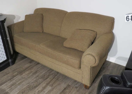 80" beige fabric upholstered sofa (has absorbed cigarette smoke smell)