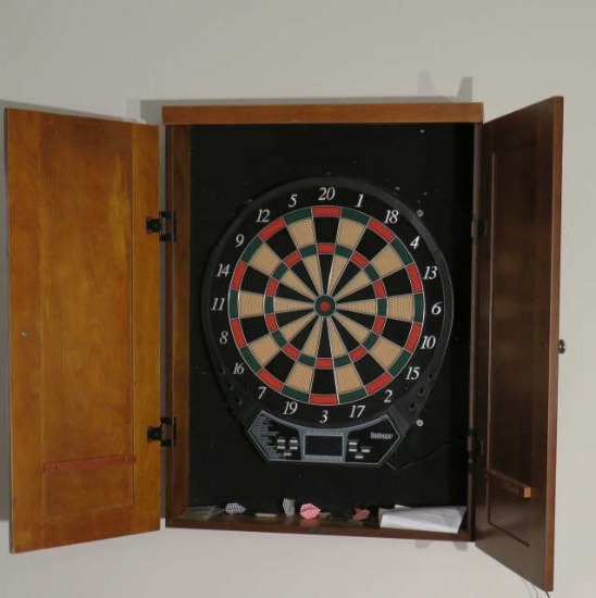 Hathaway electronic dart board in oak finished cabinet with darts 32" h x 24" w x 6" deep