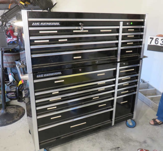US General rolling tool cabinet with matching tool chest total 19 drawers and top shelf, comes with