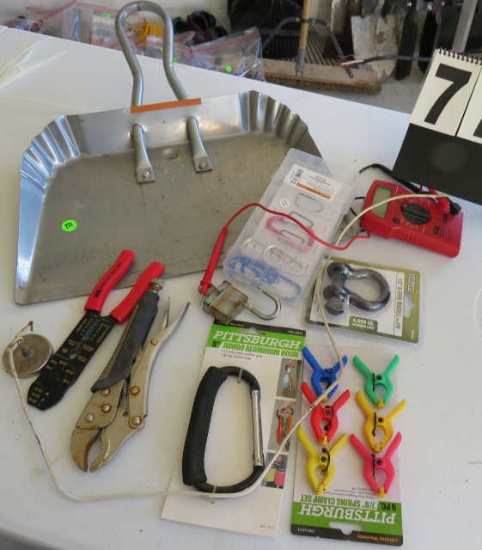 dust pan with padlock, clevis, wire fitting crimper, other mixed tools
