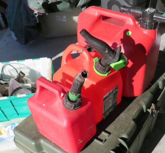plastic gas cans 5 gal, 2 gal, 1 gal
