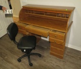 oak finished roll top desk and office chair