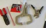 vise grip plyers, welding clamp, battery lugs, wire cutter stripper tool