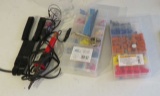 2 boxes of electrical connectors with soldering iron, crimper stripper plyers