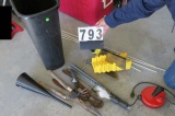bolt cutter, hedge clippers, garden tools, shop light, miter saw, trash can
