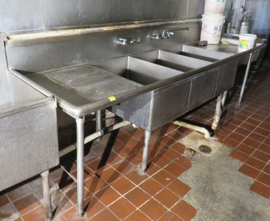 3 bay 112" x  34" stainless steel wash sink with (2) mixing valves (one disassembled) and (2) side r