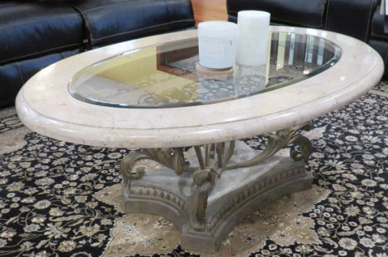 resin and glass coffee table oval shape 52" x 24" x 19" high