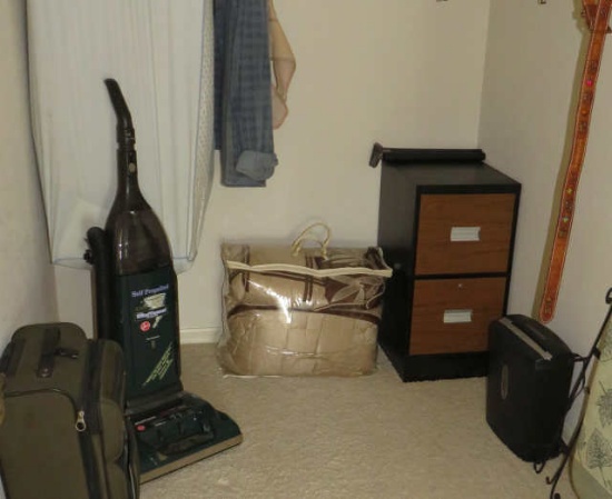 vacuum cleaner comforter, shreader, 2 drawer file cabinet