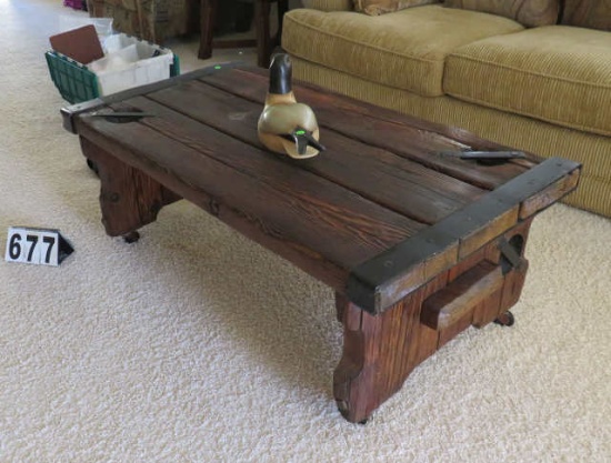 plank wood Coffee table on casters, 48"x18"x27"