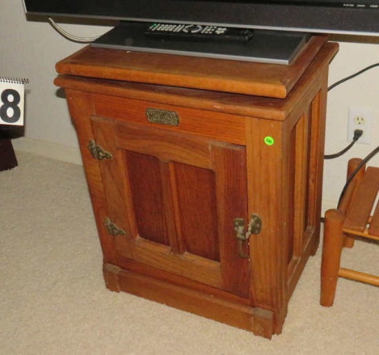 reproduction oak ice box cabinet with swivel top for television, 27"x22"x18