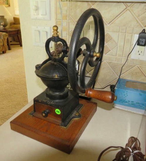 vintage oak and cast iron Elma coffee grinder