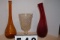 lot of collectible vases one tall orange colored one short clear glass cup/vase and one red colored