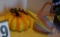 Glass pumpkin yellow and orange with a brown stem, glass purse yellow blue red