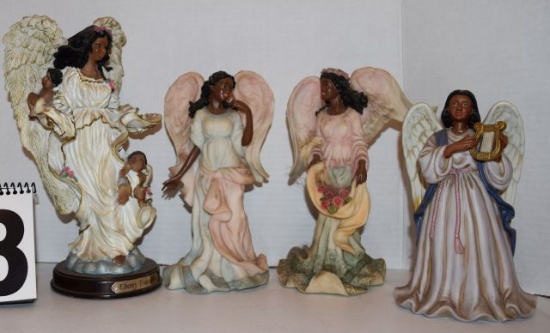 ceramic Black Angel figures - Tallest 10" X 7" Other 3 Are 81/2" X 5" ceramic two have pink wings on