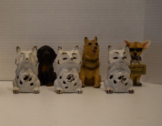 animals 3 porcelain white foxes see no evil hear no evil and speak no evil, 3 assorted dogs two tan
