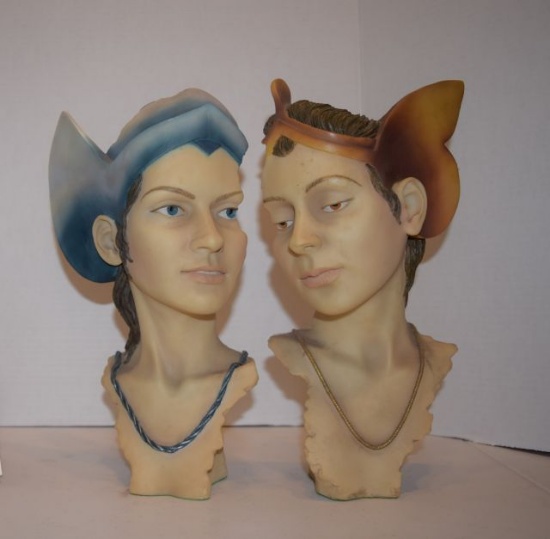 Rare Flambro ceramic Bust 12 ¼" woman has blue neckless and headband man has brown necklaces and hea