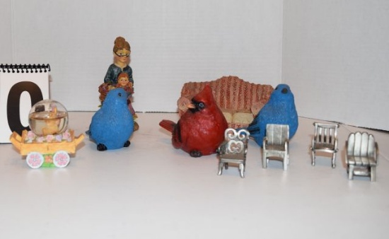 mixed ceramic figures 4 small metal Chairs 1ceramic Couch 3 ceramic Birds blue and red 1ceramic Lady