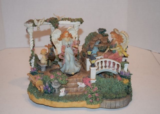 ceramic Large Angel Garden 8" X 10"  multiple angels in colorful garden of flowers