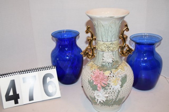 mixed vases 12" X 7" Beautiful White ceramic Vase With Flowers On Front And Gold Handles And 2 Blue