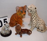 lot of ceramic Safari Animals one large baby tiger , one large white and black cheetah , one small w