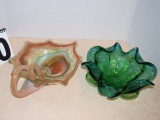 Colorful Blown Glass Bowls one brown and multicolored and one bluish green