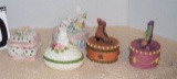Assorted ceramic Ring Boxes with lids. Two with dress shoes one bunny and two floral