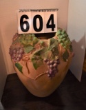 Large Ceramic Vase Tan In Color With Purple Grapes Painted