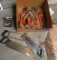 Group of hand tools including hack saw, hard back miter saws, hand drill, p