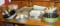 Mixed bake ware, aluminum trays, cake pans, cookie sheets, casserole dish