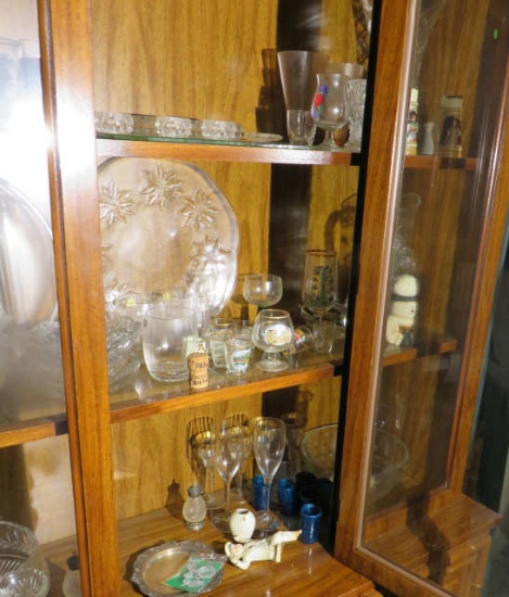 Glassware in china cabinet including crystal, stemware, bowls, mirror, pitc